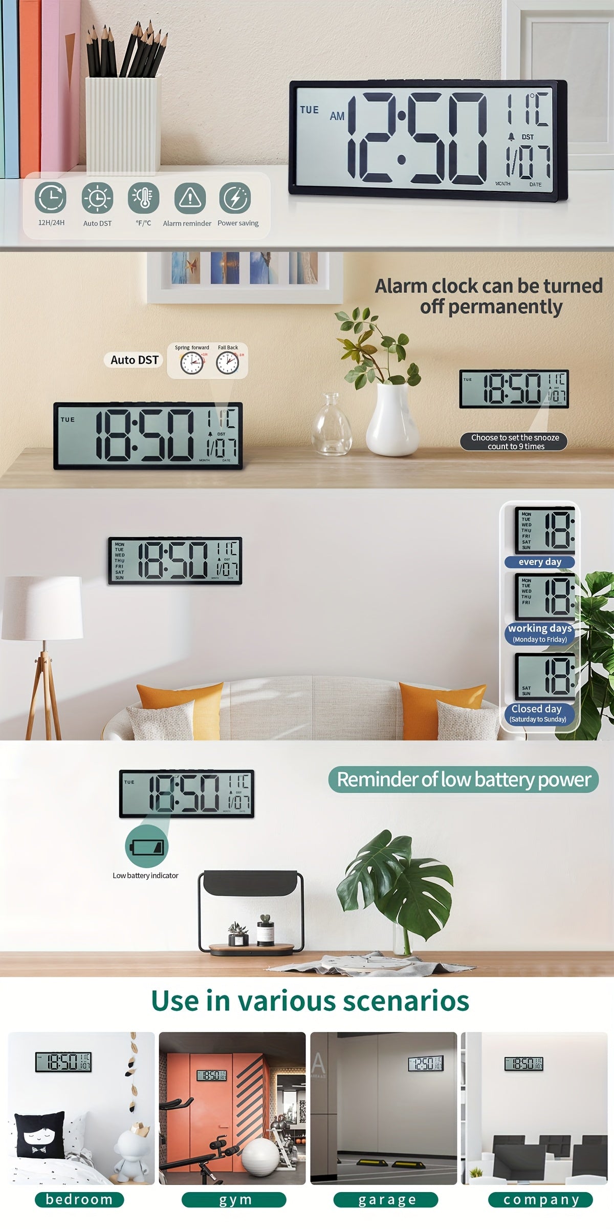 Horloge murale numérique 37 cm à écran LCD non réfléchissant