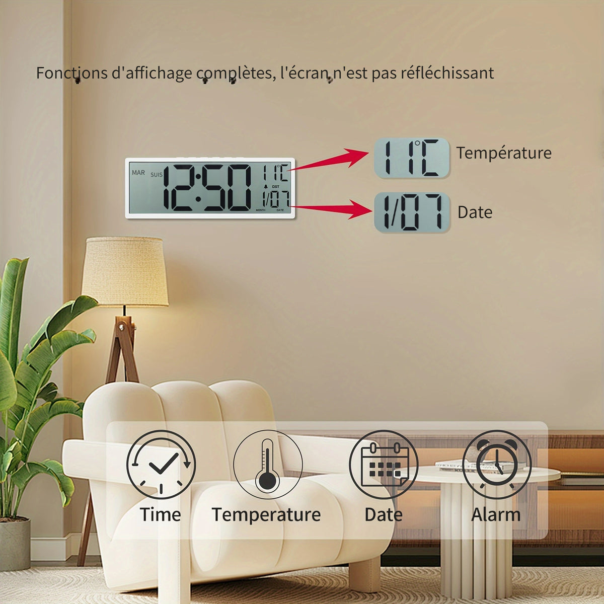 Horloge murale numérique 37 cm à écran LCD non réfléchissant