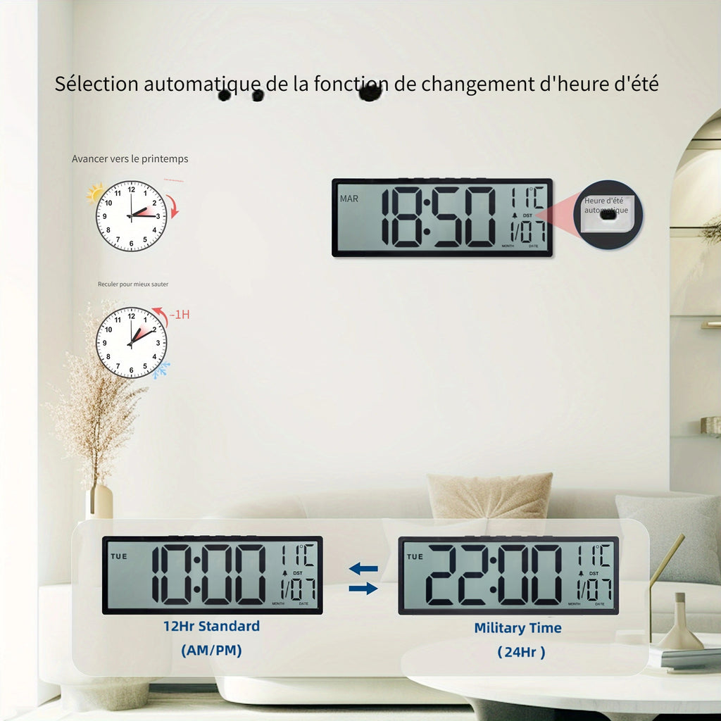 Horloge murale numérique 37 cm à écran LCD non réfléchissant