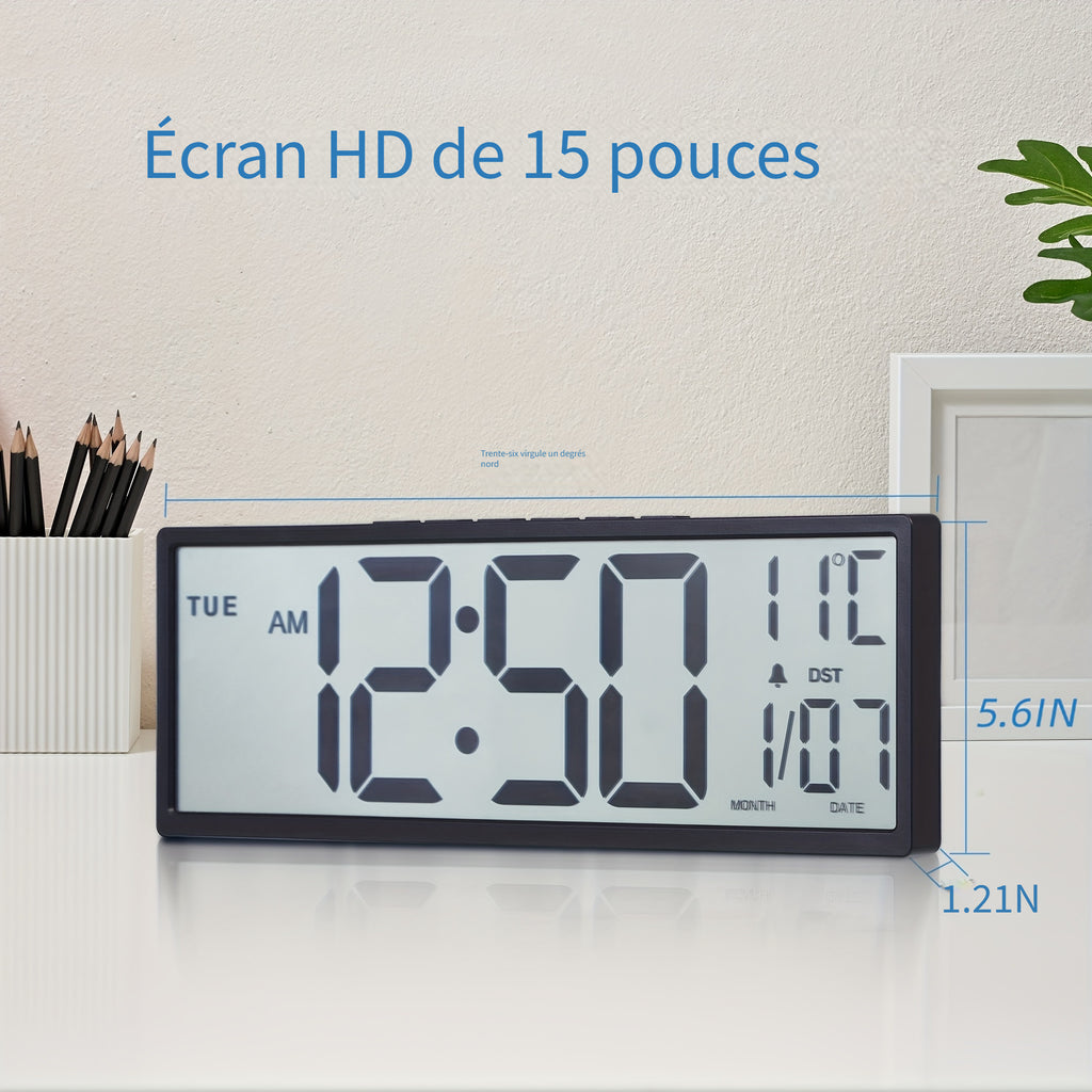 Horloge murale numérique 37 cm à écran LCD non réfléchissant