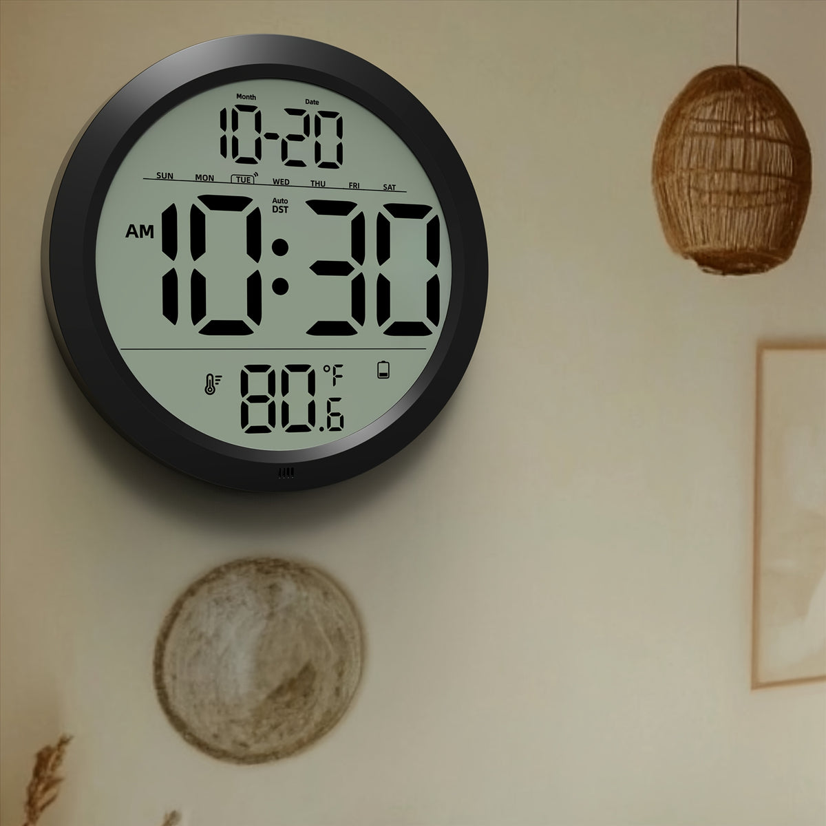 Horloge murale ronde 21 cm à écran LCD, fixation fournie