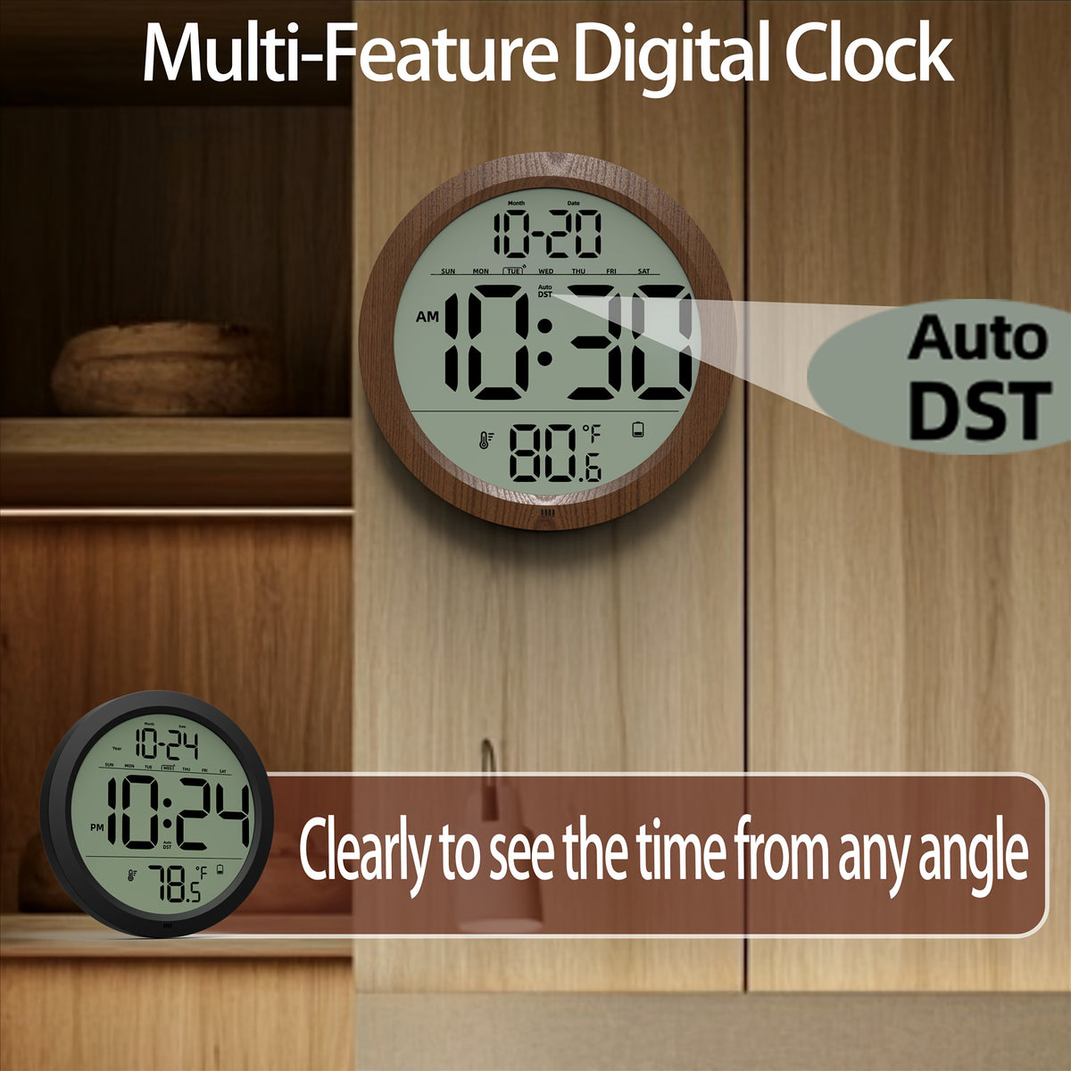 Horloge murale ronde 21 cm à écran LCD, fixation fournie