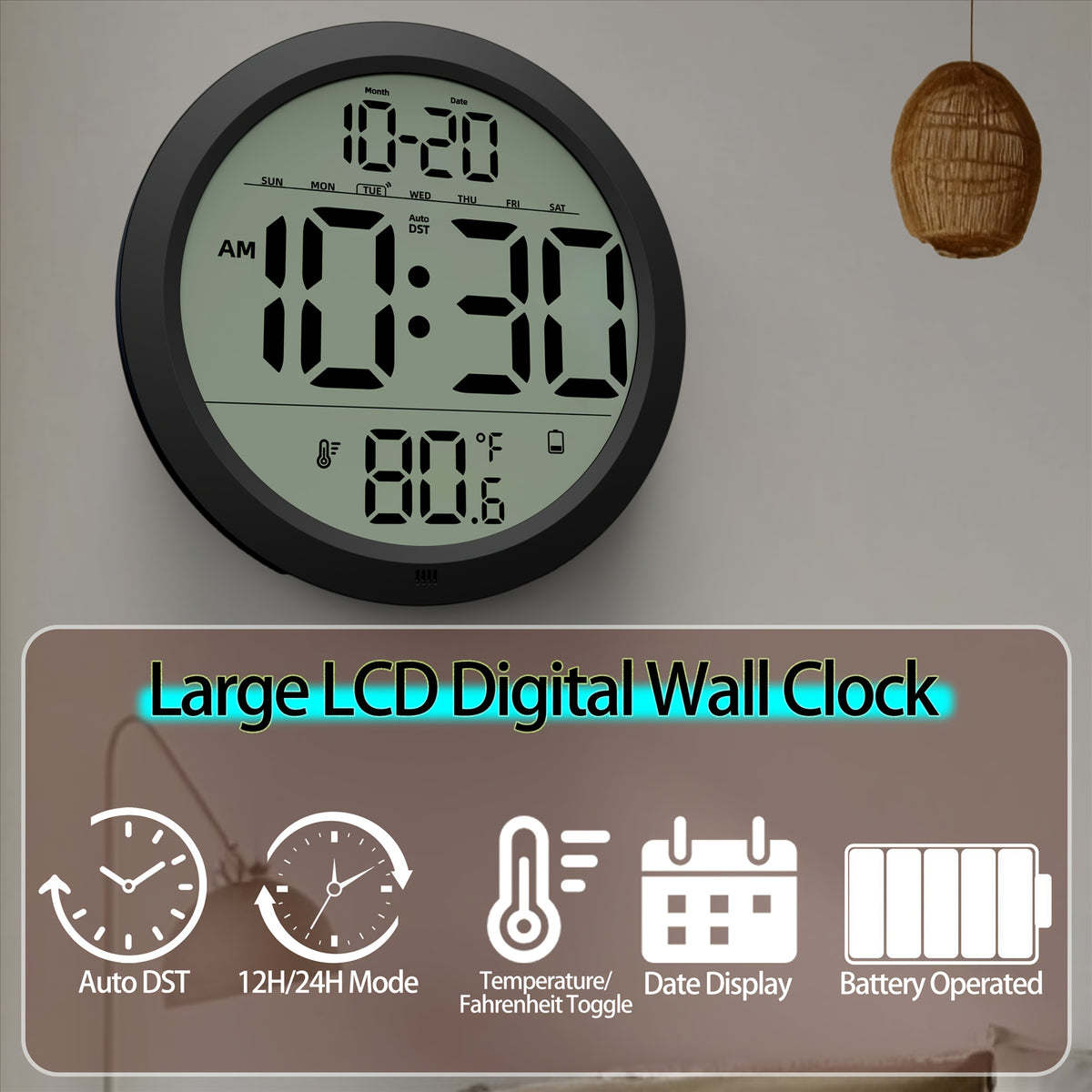 Horloge murale ronde 21 cm à écran LCD, fixation fournie