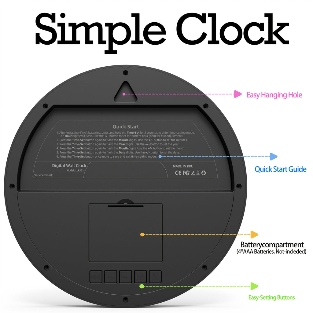 Horloge murale ronde 21 cm à écran LCD, fixation fournie