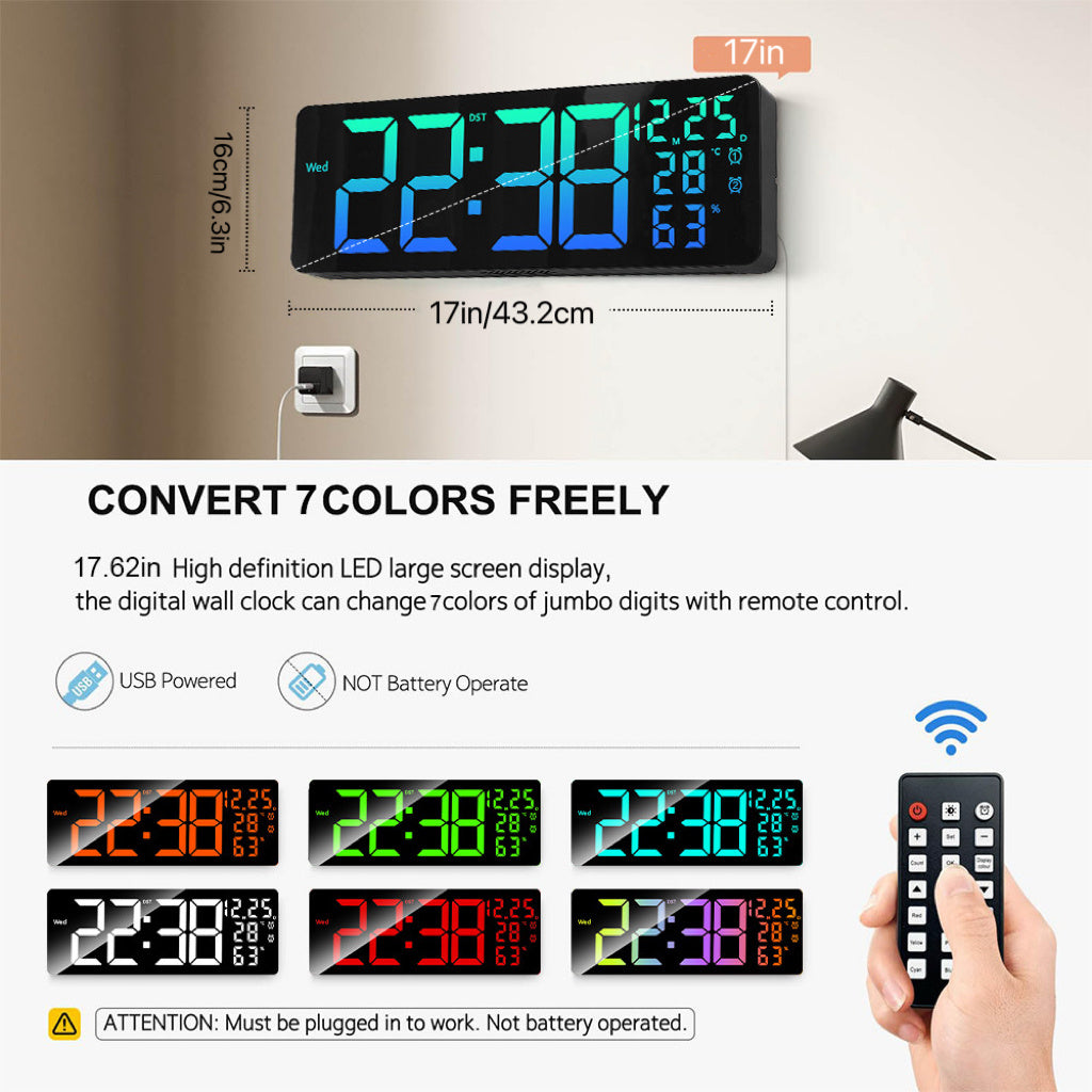 Horloge murale LED 43 cm avec télécommande et hygromètre