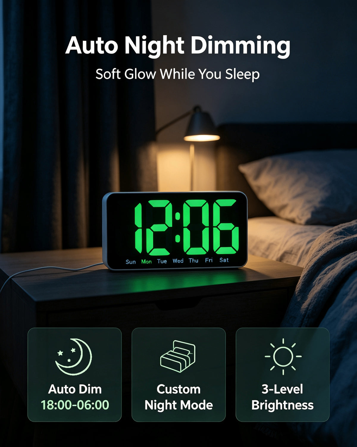 Horloge murale LED 26 cm au cadre blanc et grands chiffres