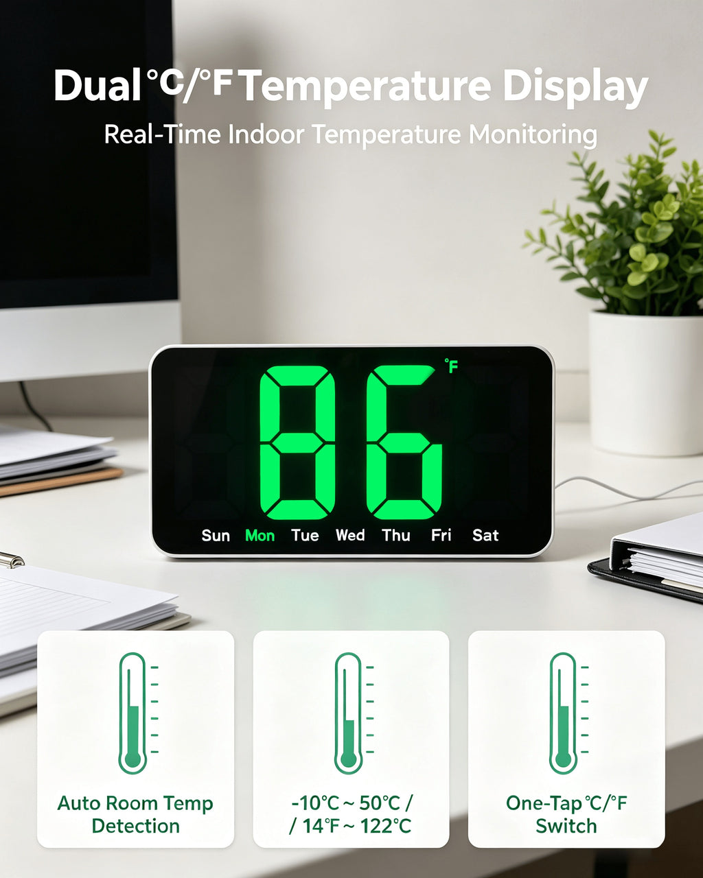 Horloge murale LED 26 cm au cadre blanc et grands chiffres