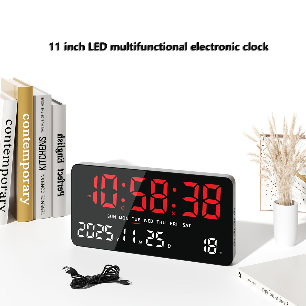 Horloge murale LED noire à secondes et cinq coloris d'écran