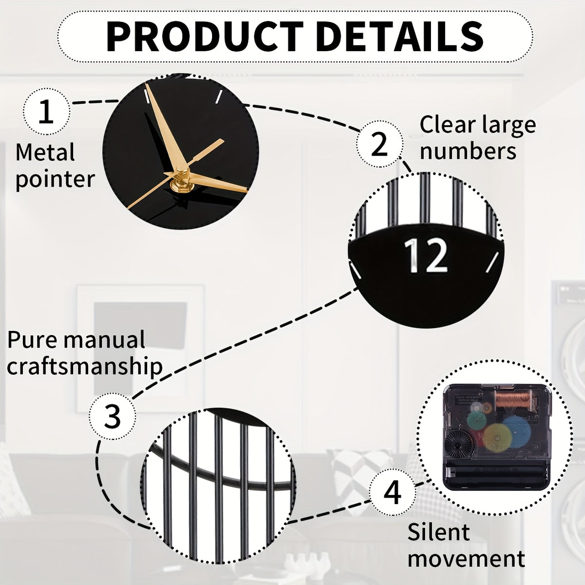 Horloge murale design en métal noir, aiguilles dorées 75 cm
