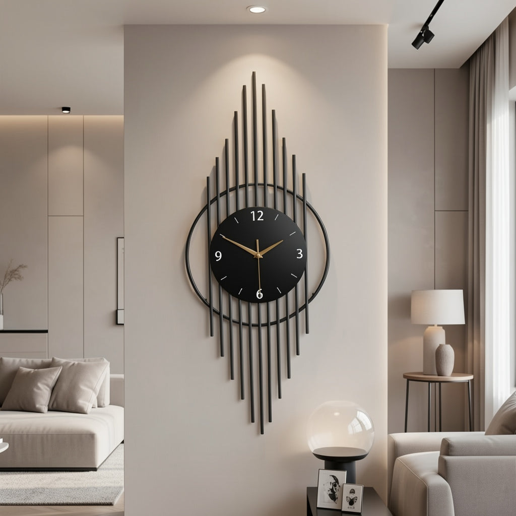Horloge murale design en métal noir, aiguilles dorées 75 cm