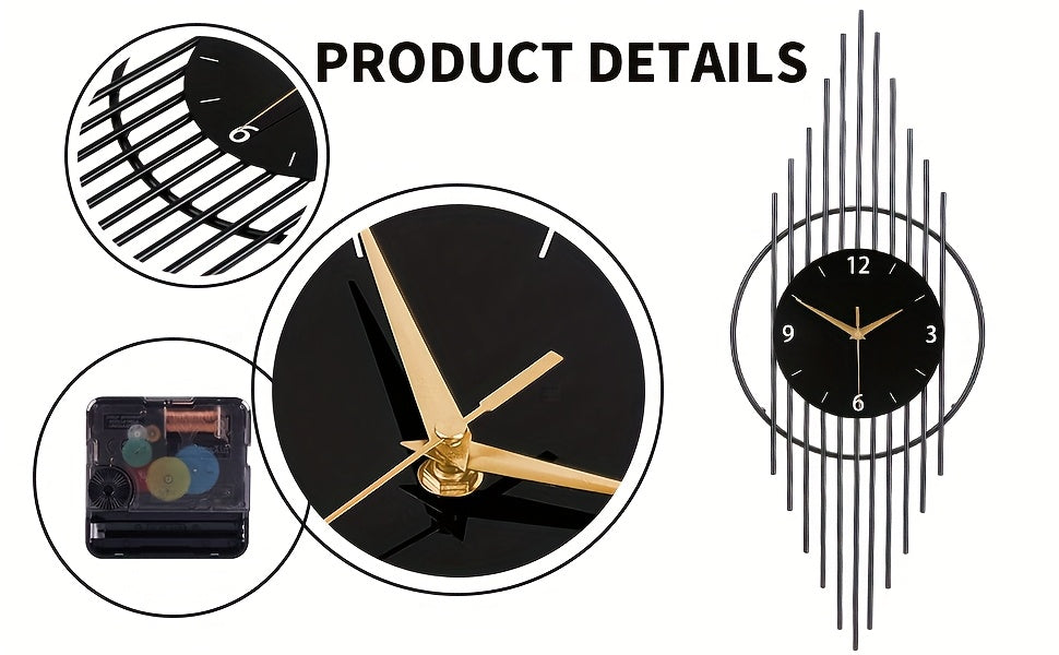 Horloge murale design en métal noir, aiguilles dorées 75 cm