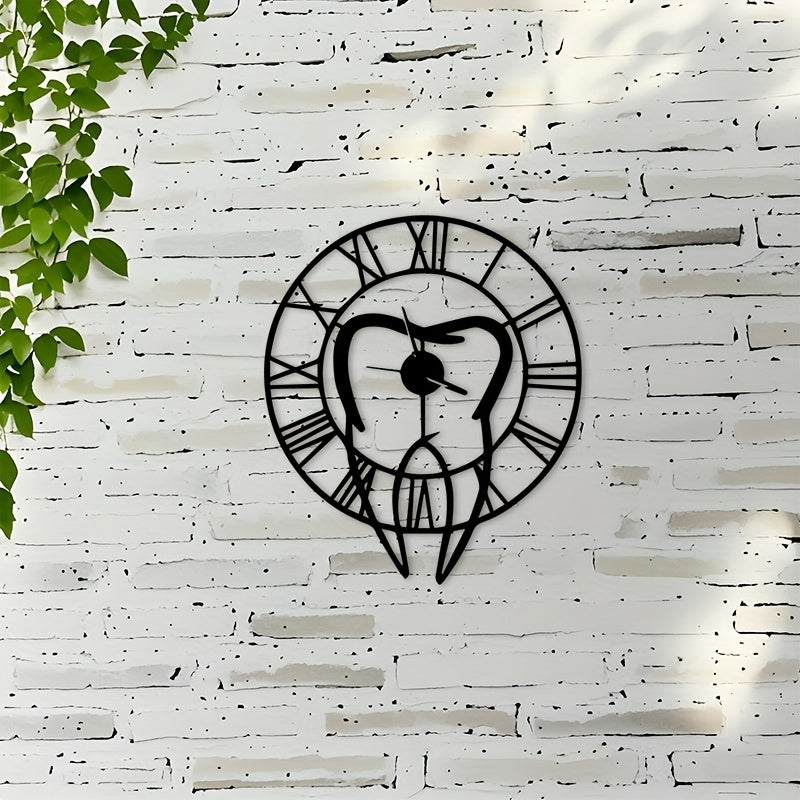Horloge murale en métal noir, silhouette de dent, 50 cm