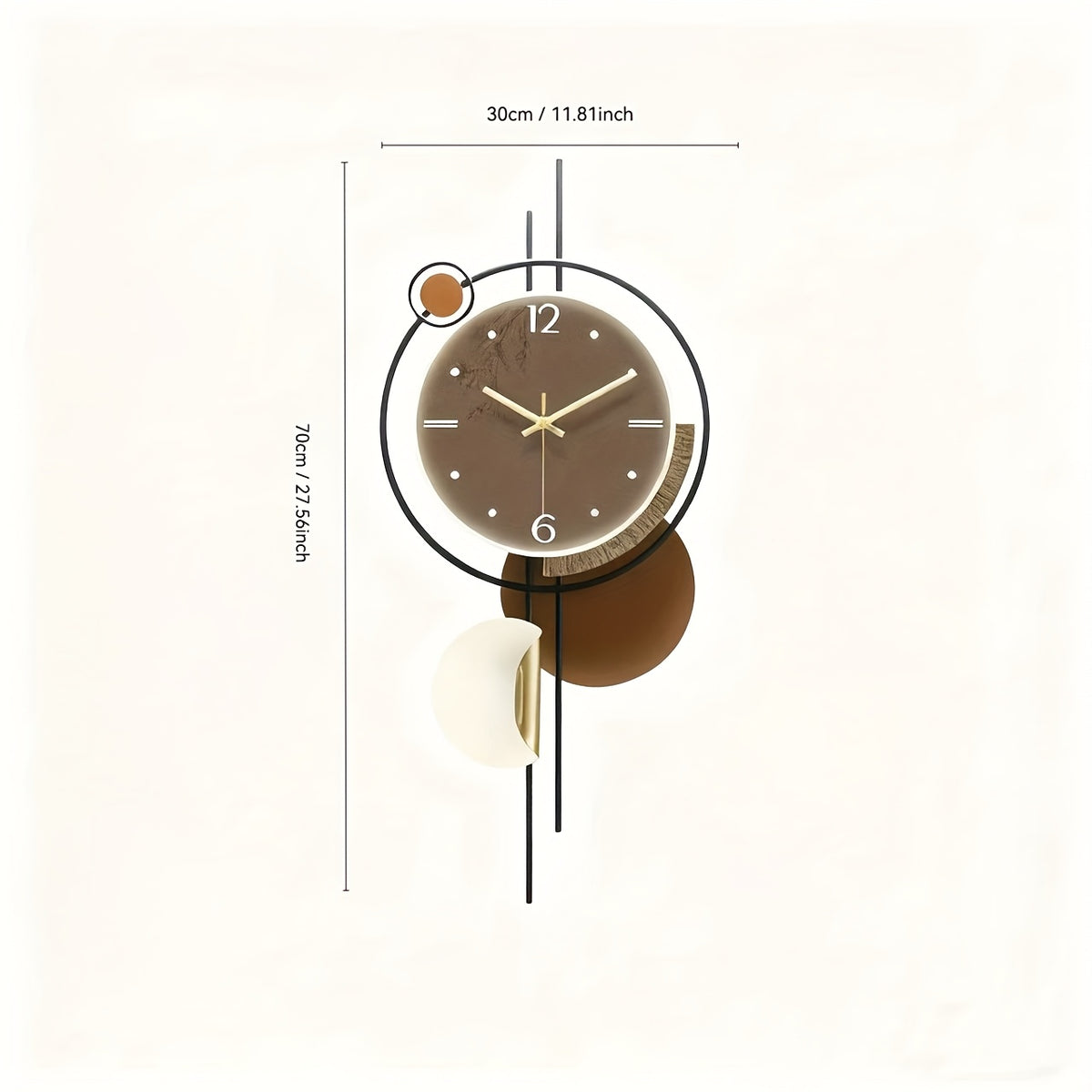 Horloge murale moderne en métal, grand cadran brun 70 cm