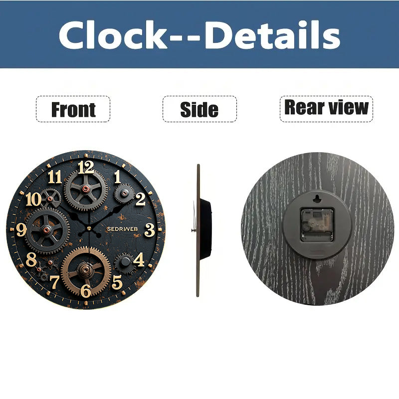 Horloge murale noire à rouages patinés en bois, 20 à 35 cm