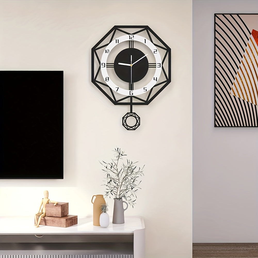 Horloge murale octogonale noire et blanche à balancier 38x50