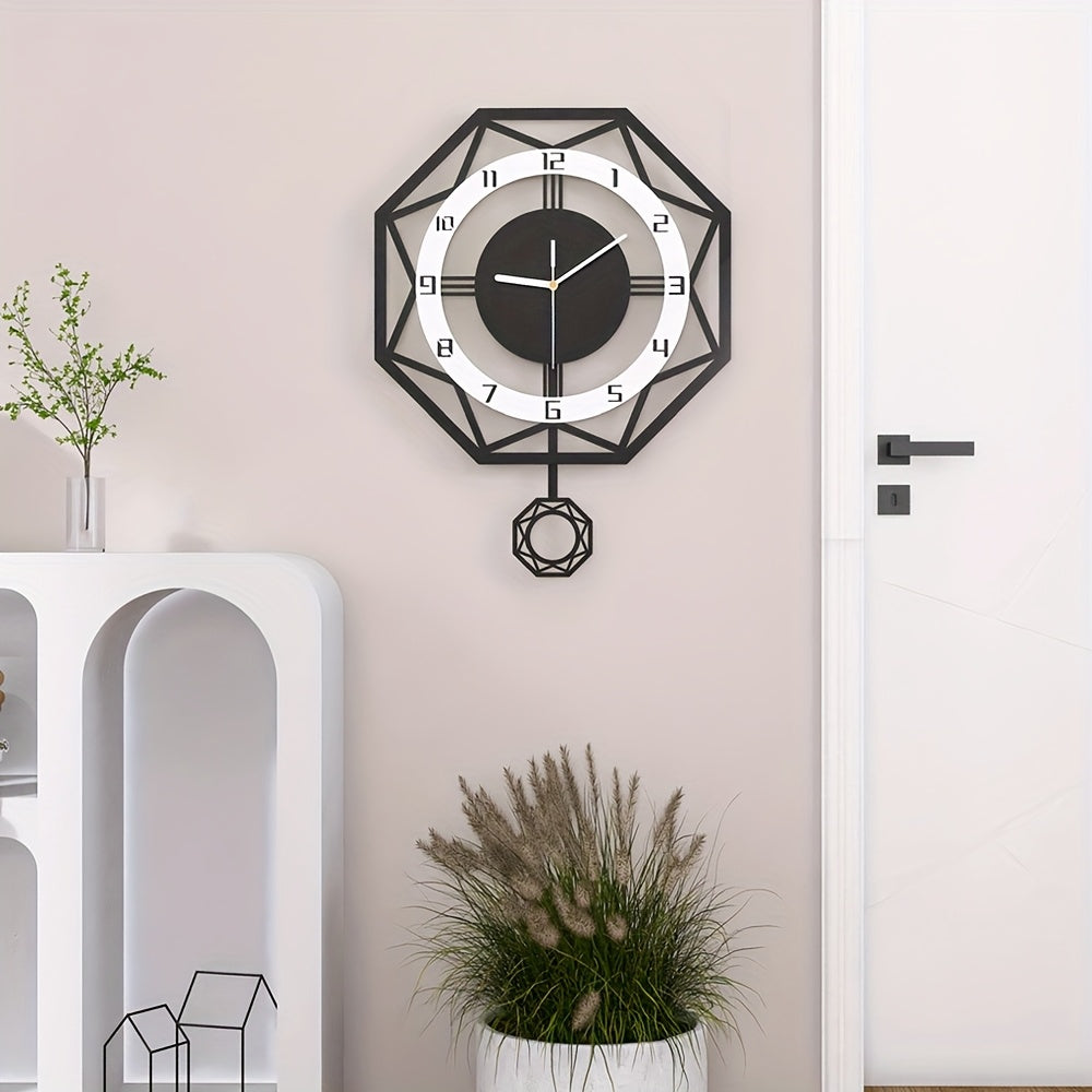 Horloge murale octogonale noire et blanche à balancier 38x50
