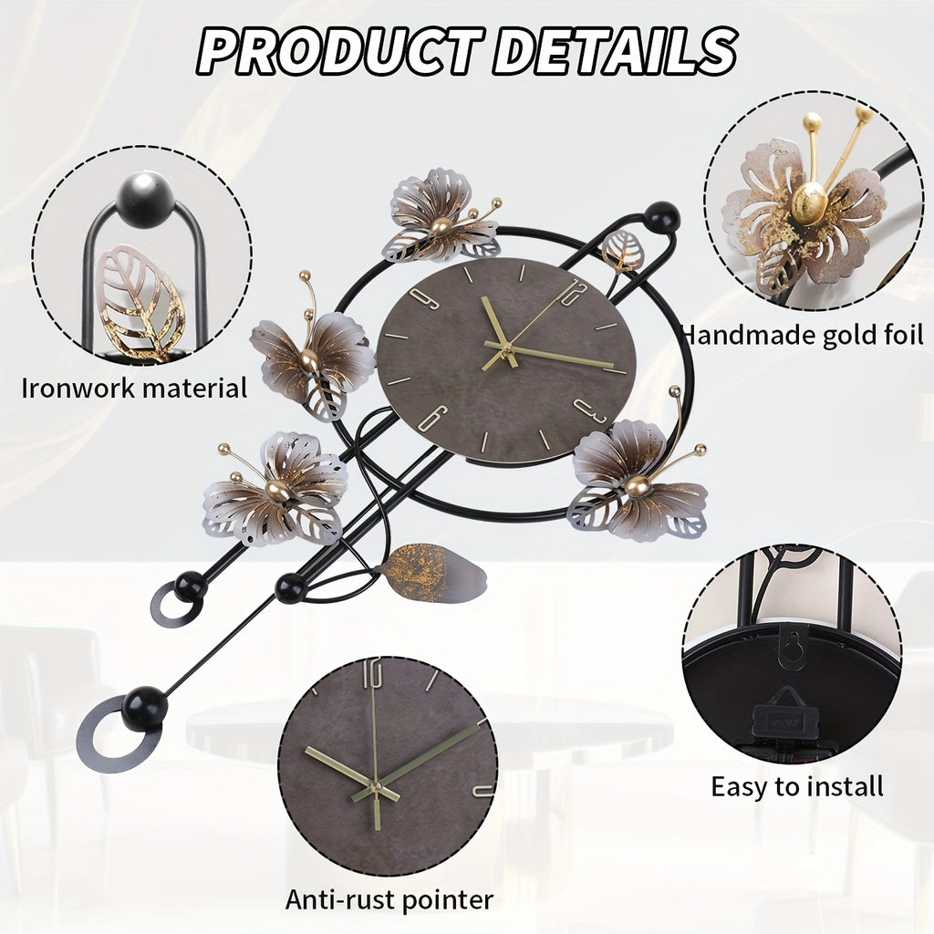 Horloge murale papillons en fer noir et balancier suspendu