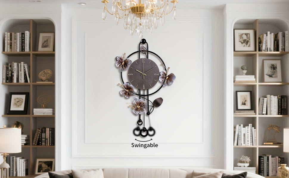 Horloge murale papillons en fer noir et balancier suspendu