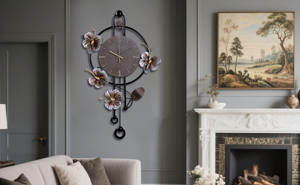 Horloge murale papillons en fer noir et balancier suspendu