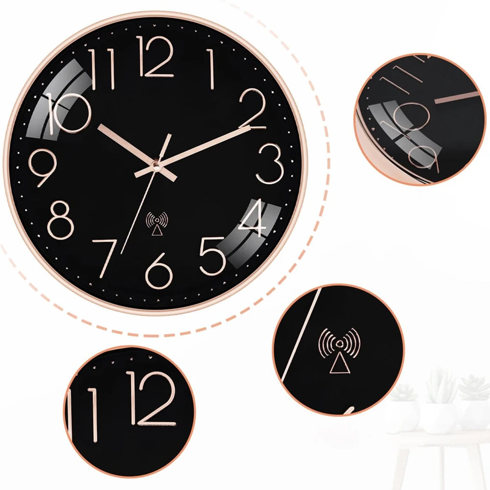Horloge murale radio-pilotée 30 cm, cadran noir et doré rose