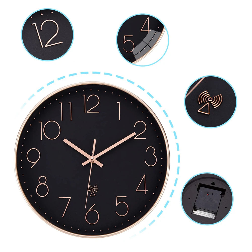 Horloge murale radio-pilotée 30 cm, cadran noir et doré rose