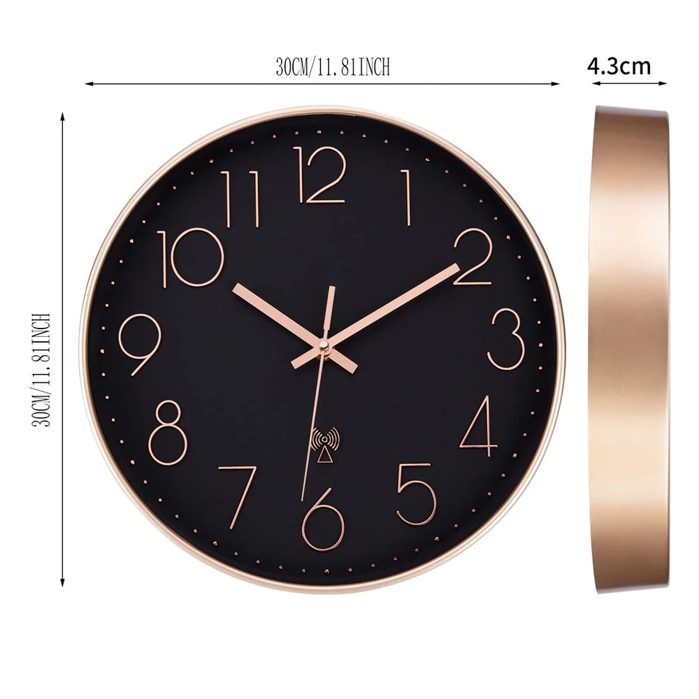 Horloge murale radio-pilotée 30 cm, cadran noir et doré rose