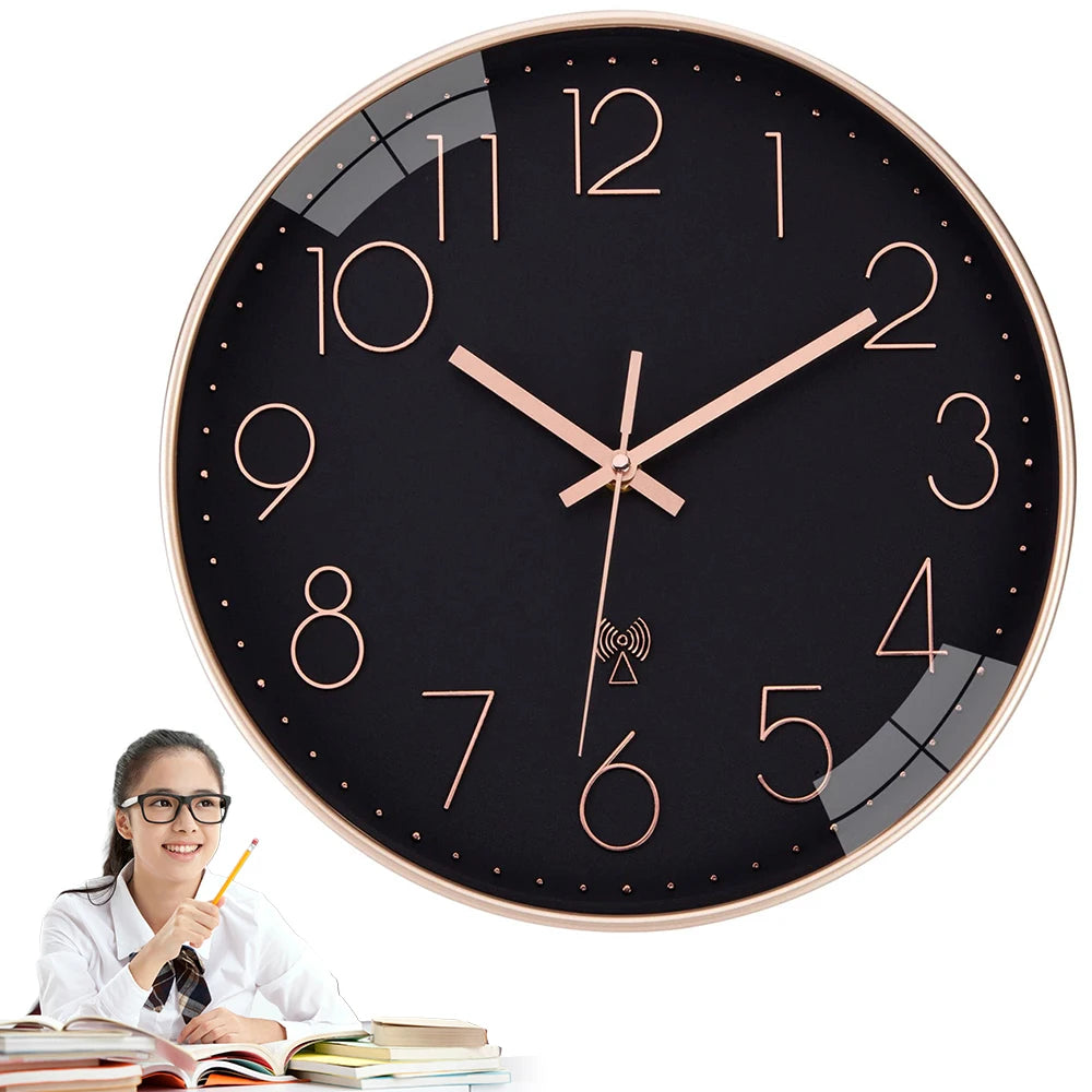 Horloge murale radio-pilotée 30 cm, cadran noir et doré rose