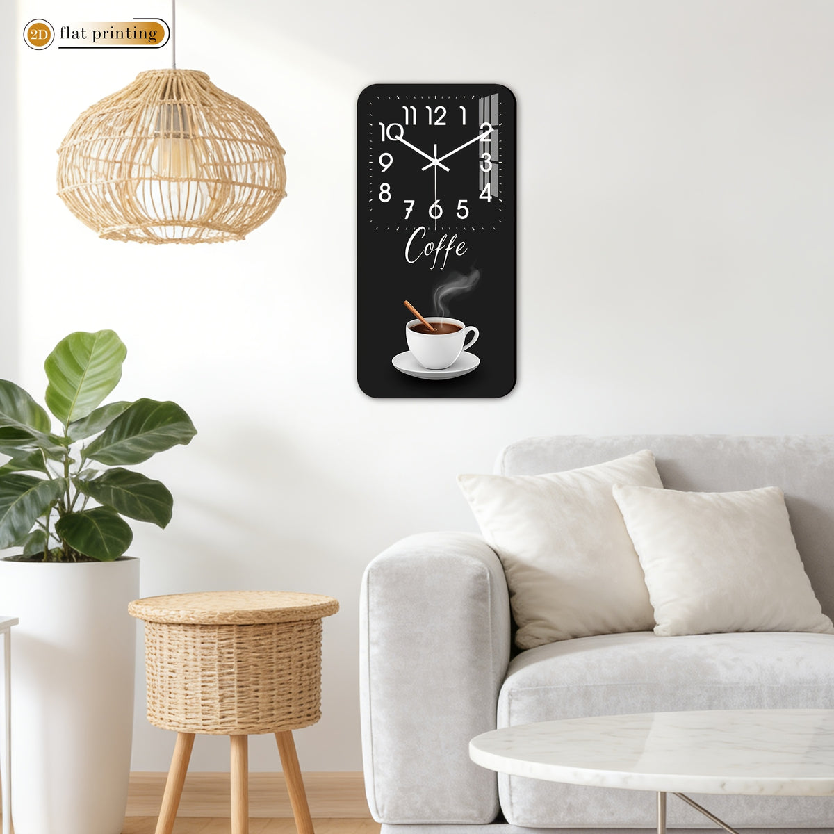 Horloge murale rectangulaire en bois, décor tasse de café