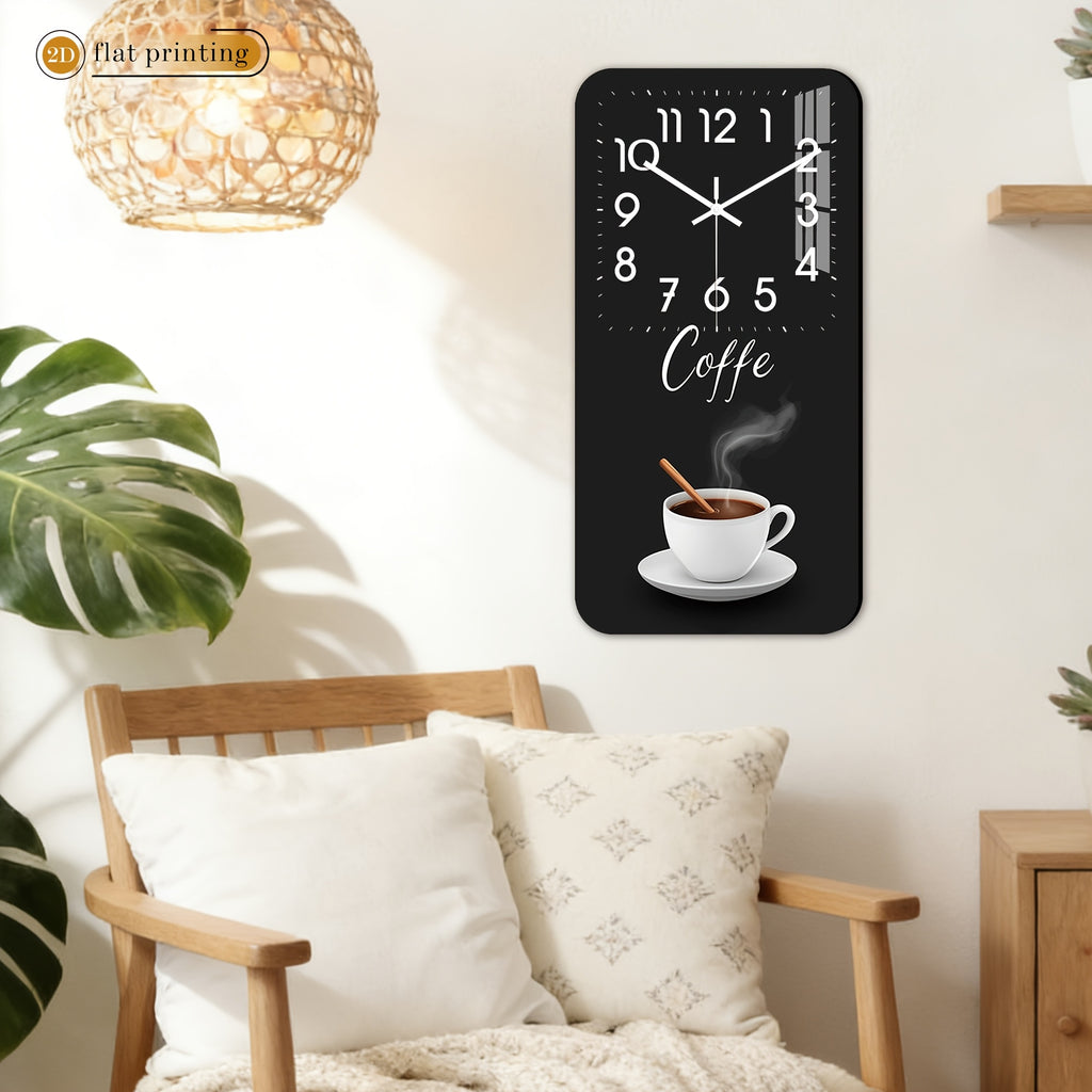 Horloge murale rectangulaire en bois, décor tasse de café