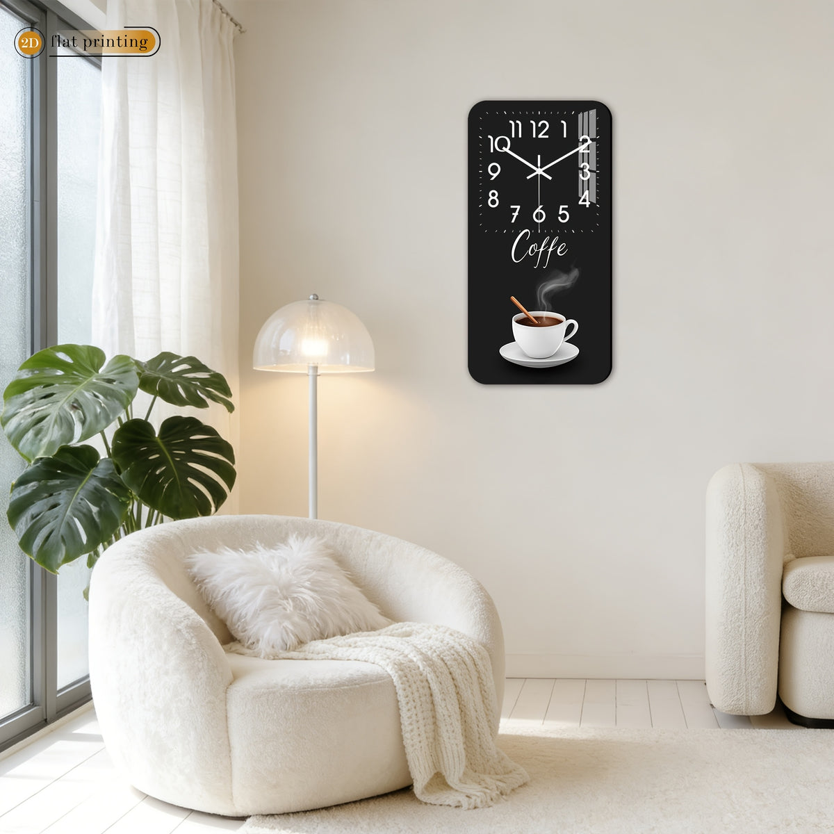 Horloge murale rectangulaire en bois, décor tasse de café