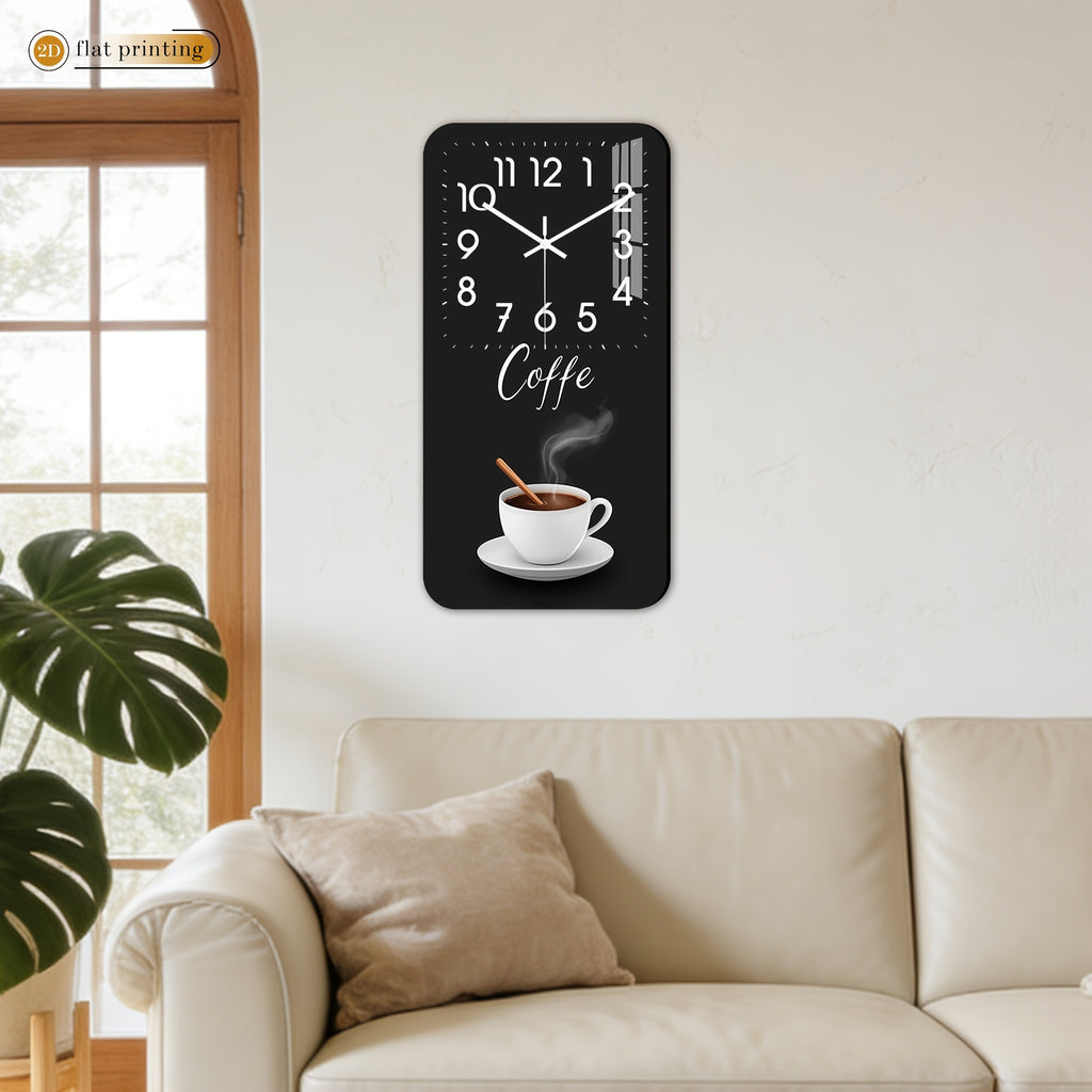 Horloge murale rectangulaire en bois, décor tasse de café