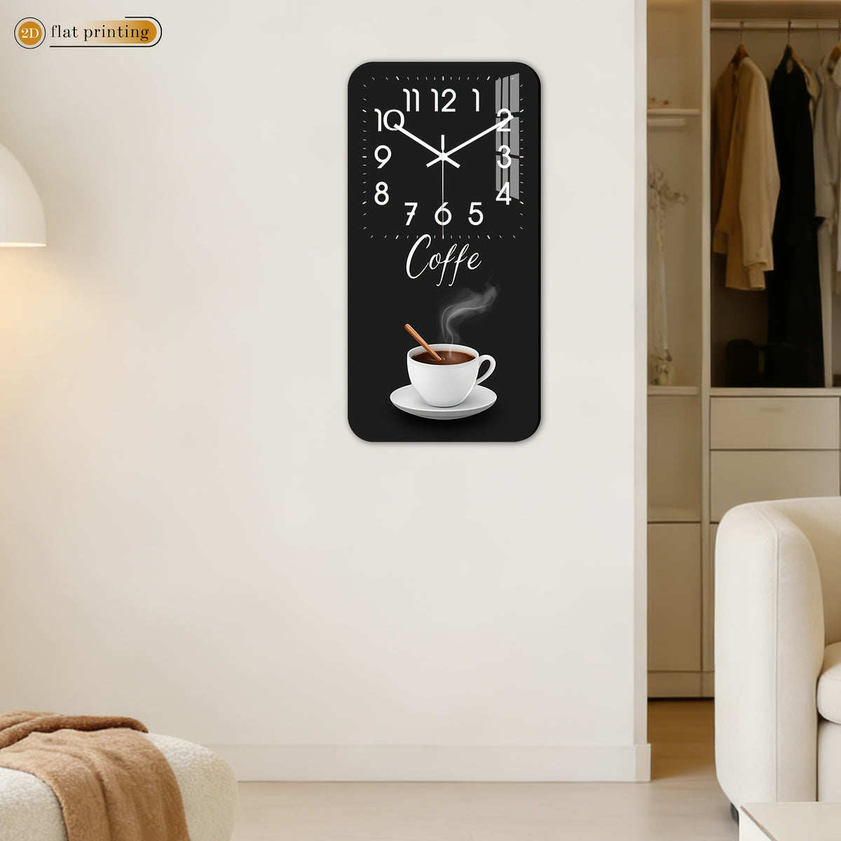 Horloge murale rectangulaire en bois, décor tasse de café