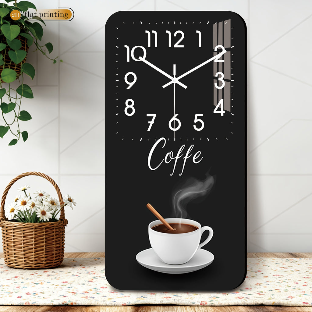 Horloge murale rectangulaire en bois, décor tasse de café