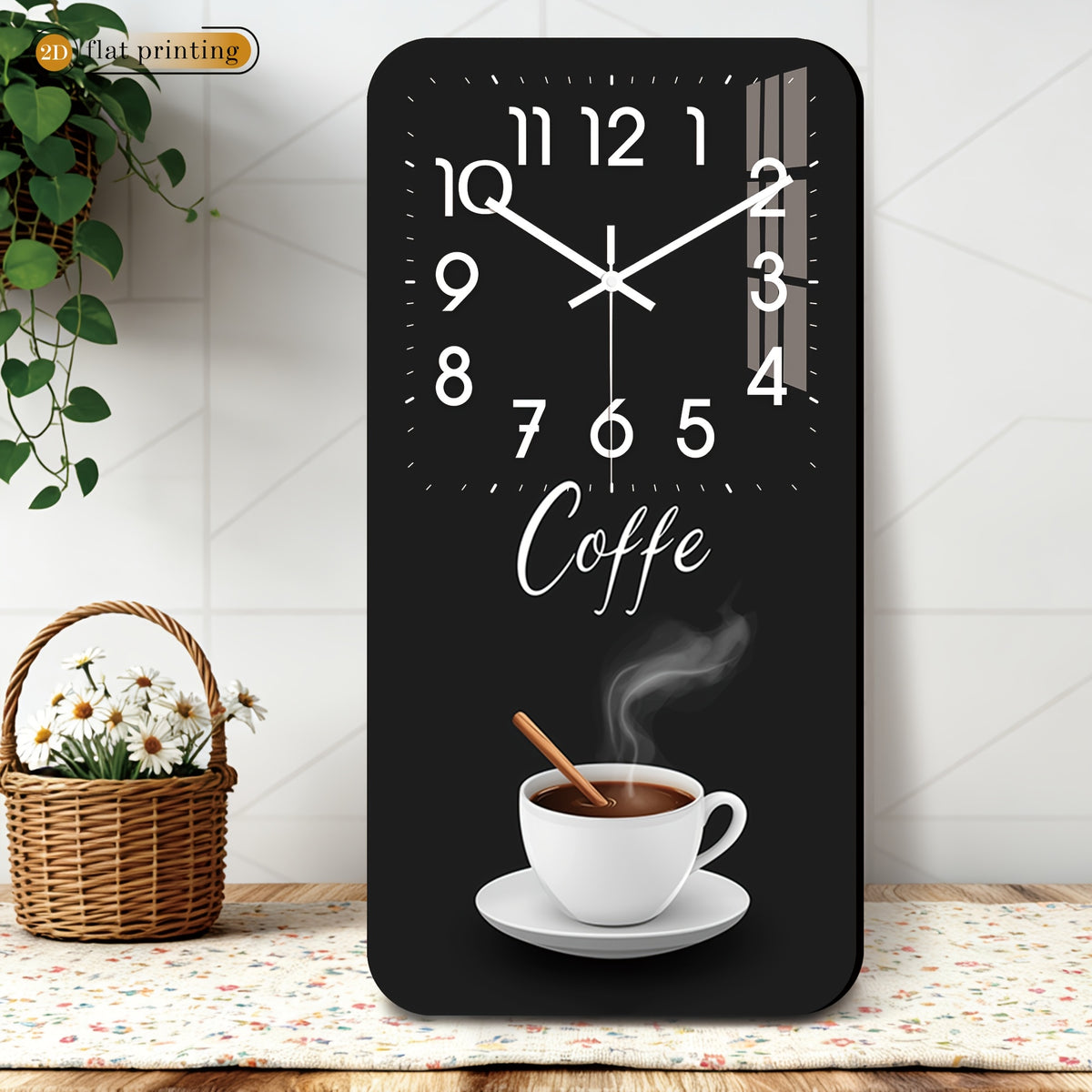 Horloge murale rectangulaire en bois, décor tasse de café