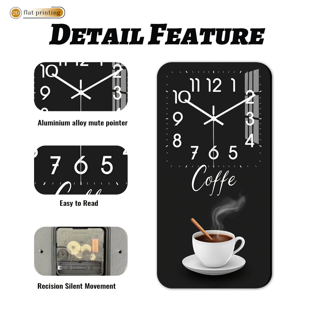 Horloge murale rectangulaire en bois, décor tasse de café