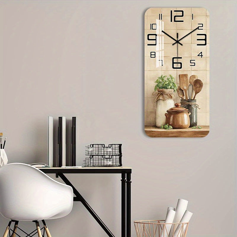 Horloge murale rectangulaire en bois à motif de cuisine
