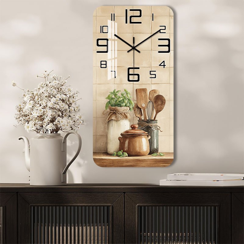 Horloge murale rectangulaire en bois à motif de cuisine