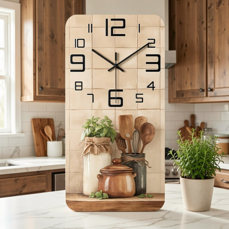 Horloge murale rectangulaire en bois à motif de cuisine