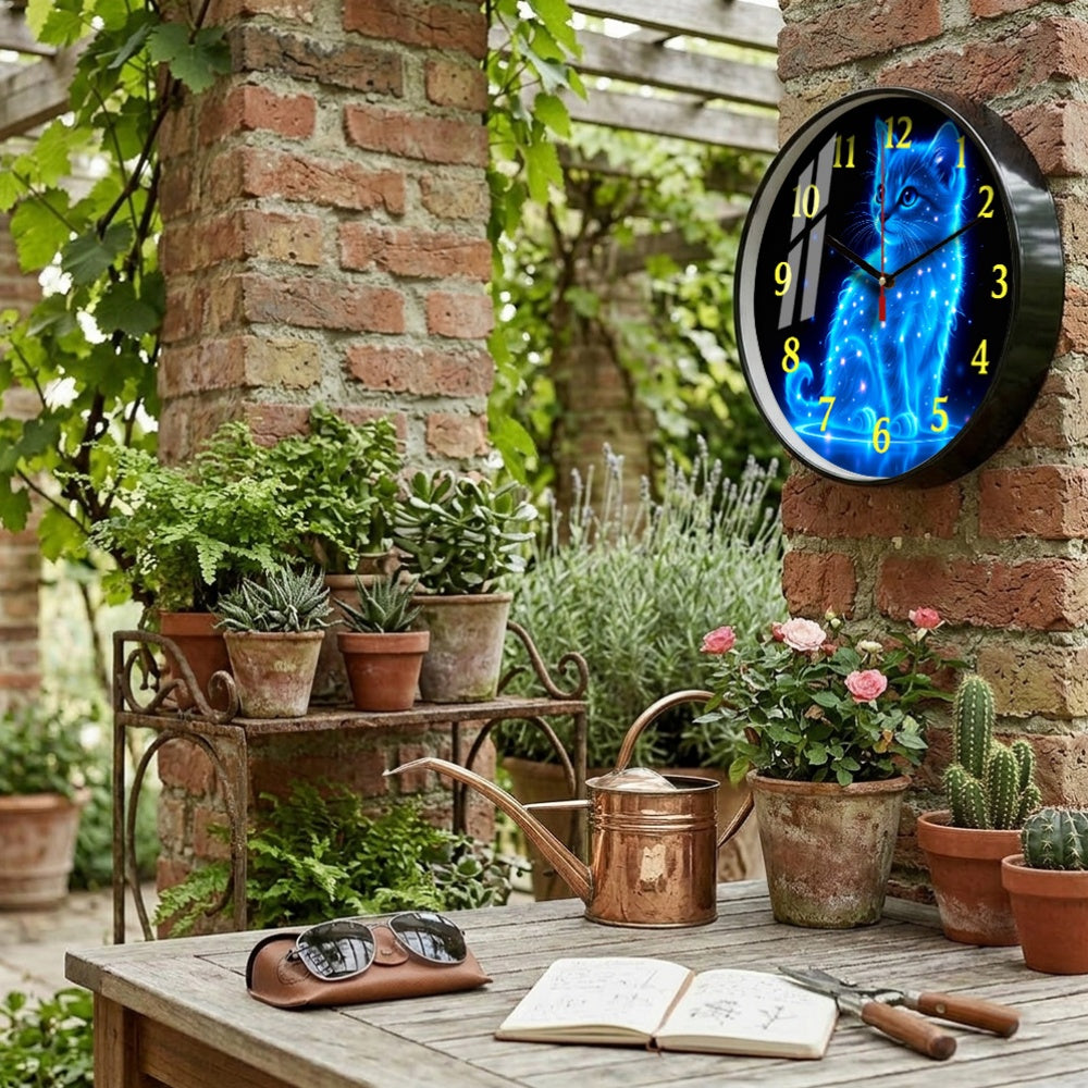 Horloge murale ronde à décor de chat bleu sur fond noir