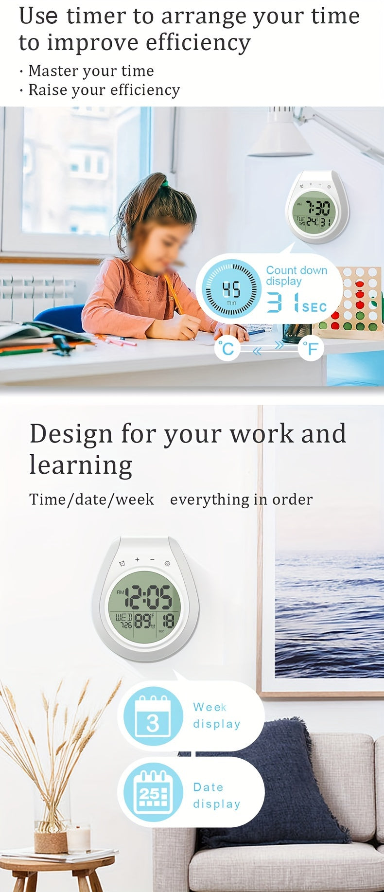 Horloge murale de salle de bain — Minuteur et thermomètre