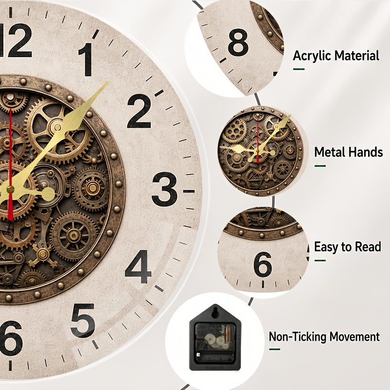 Horloge murale vintage 25 cm, aiguilles métal et trotteuse rouge