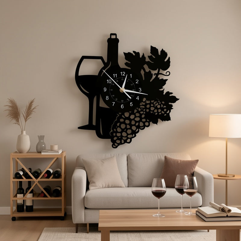 Horloge murale vinyle bouteille et grappe de raisin noire