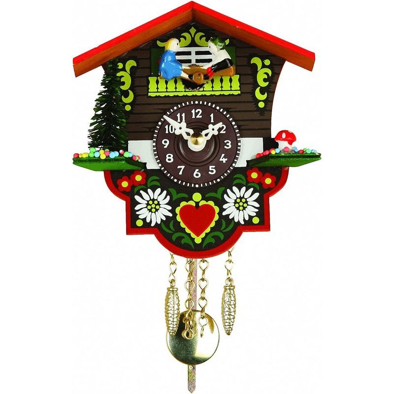 Petite horloge murale à coucou 25 cm, chalet alpin fleuri