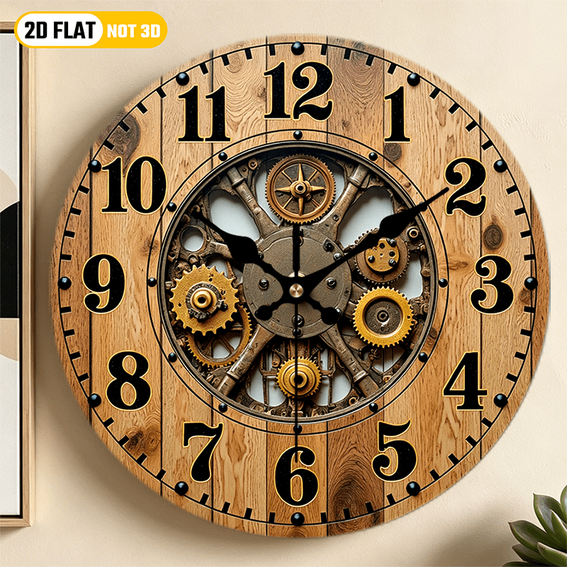 Plat 2D 1 pice Horloge Murale en Bois Style Industriel Vintage avec Motif dEngrenage Rondelle  heures silencieuse en forme dengrenage dhorloge ronde en bois Horloge Ronde Silencieuse Dcoration Parfaite pour Chambre Salon Bureau Cuisine et Sa
